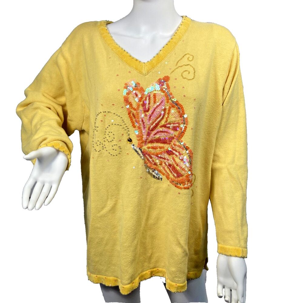 Quacker Factory Women’s MEDIUM Yellow Sequin Butterfly Sweater Whimsical SZ 1X